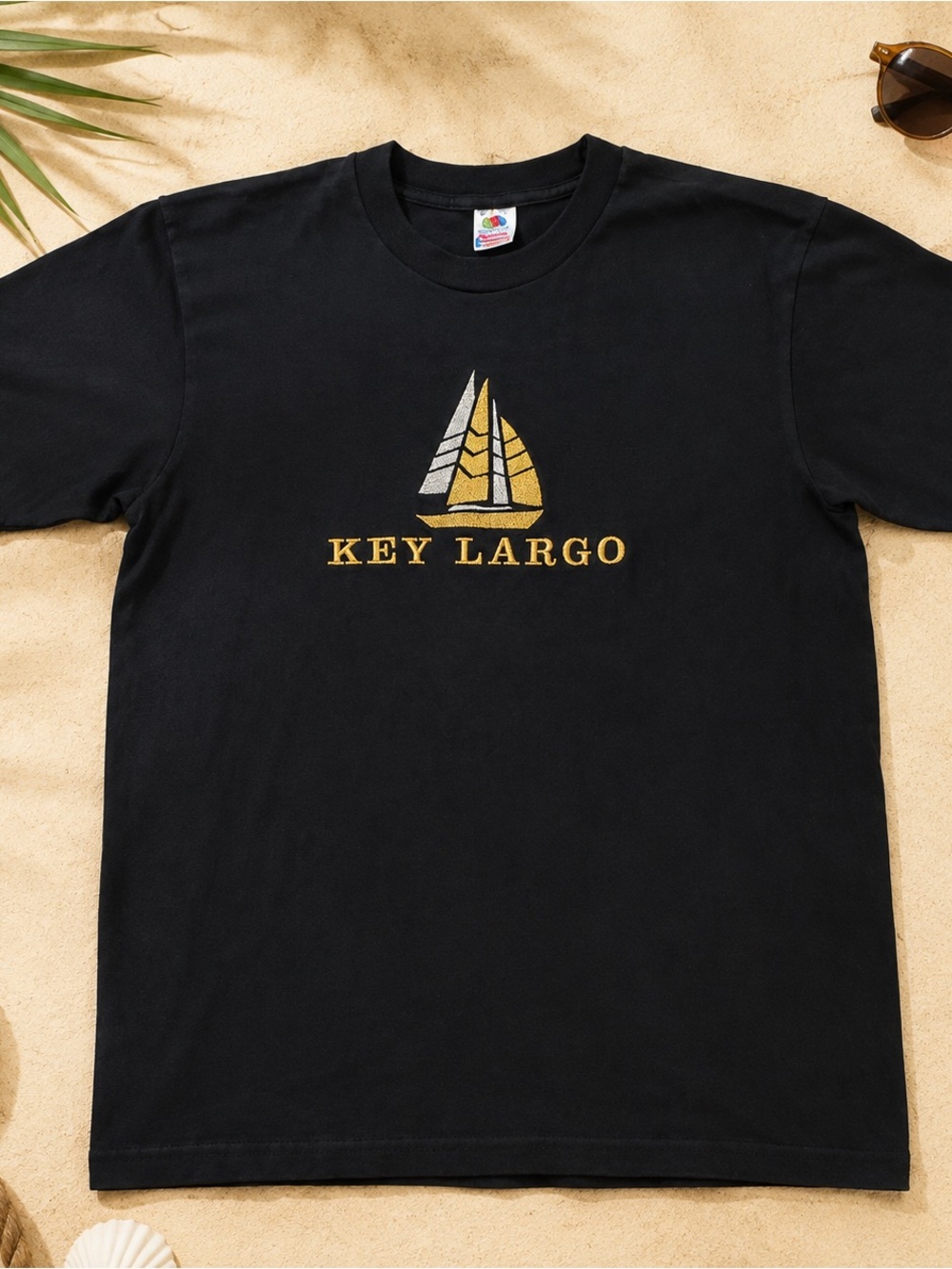 Black T-Shirt with Gold & Silver Sailboat Graphic
